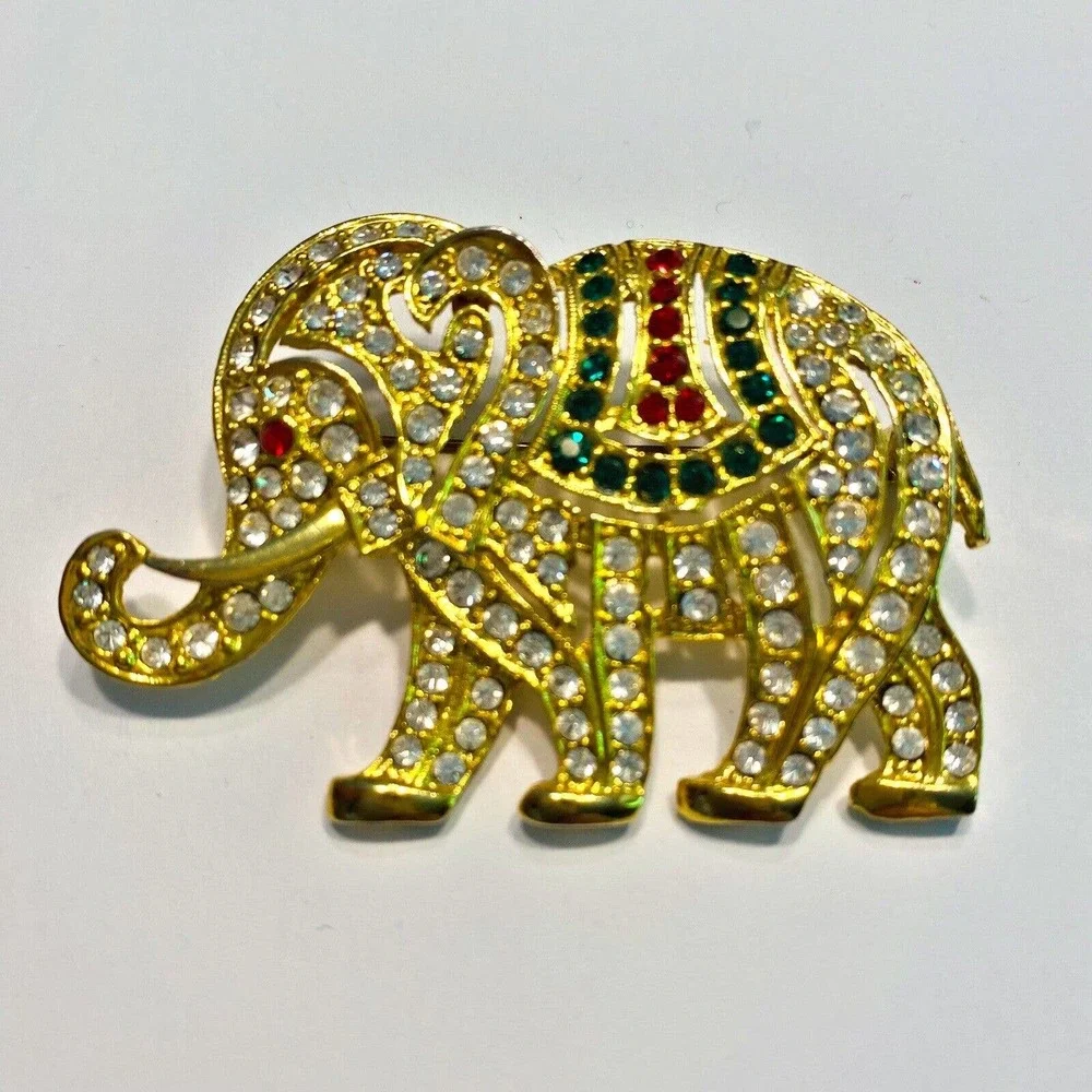 Lucky Elephant Brooch Gold & Colored Rhinestones Pin Ornate Filigree Trunk Up